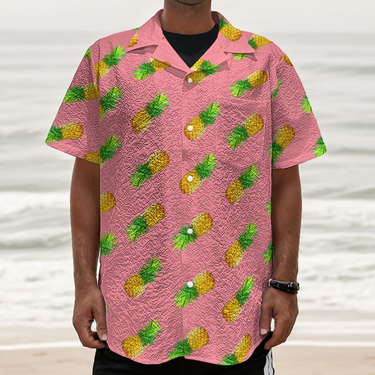 Pink Pineapple Pattern Print Textured Short Sleeve Shirt