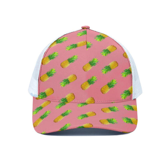 Pink Pineapple Pattern Print White Mesh Trucker Cap