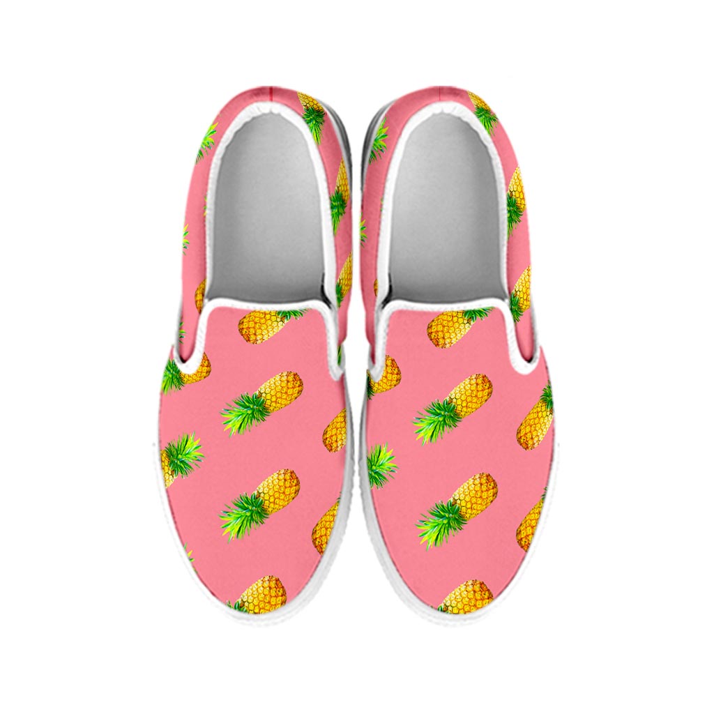 Pink Pineapple Pattern Print White Slip On Sneakers