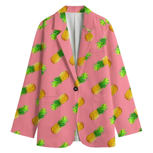 Pink Pineapple Pattern Print Women's Cotton Blazer