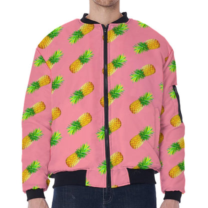Pink Pineapple Pattern Print Zip Sleeve Bomber Jacket