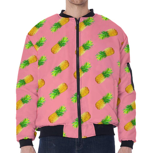 Pink Pineapple Pattern Print Zip Sleeve Bomber Jacket