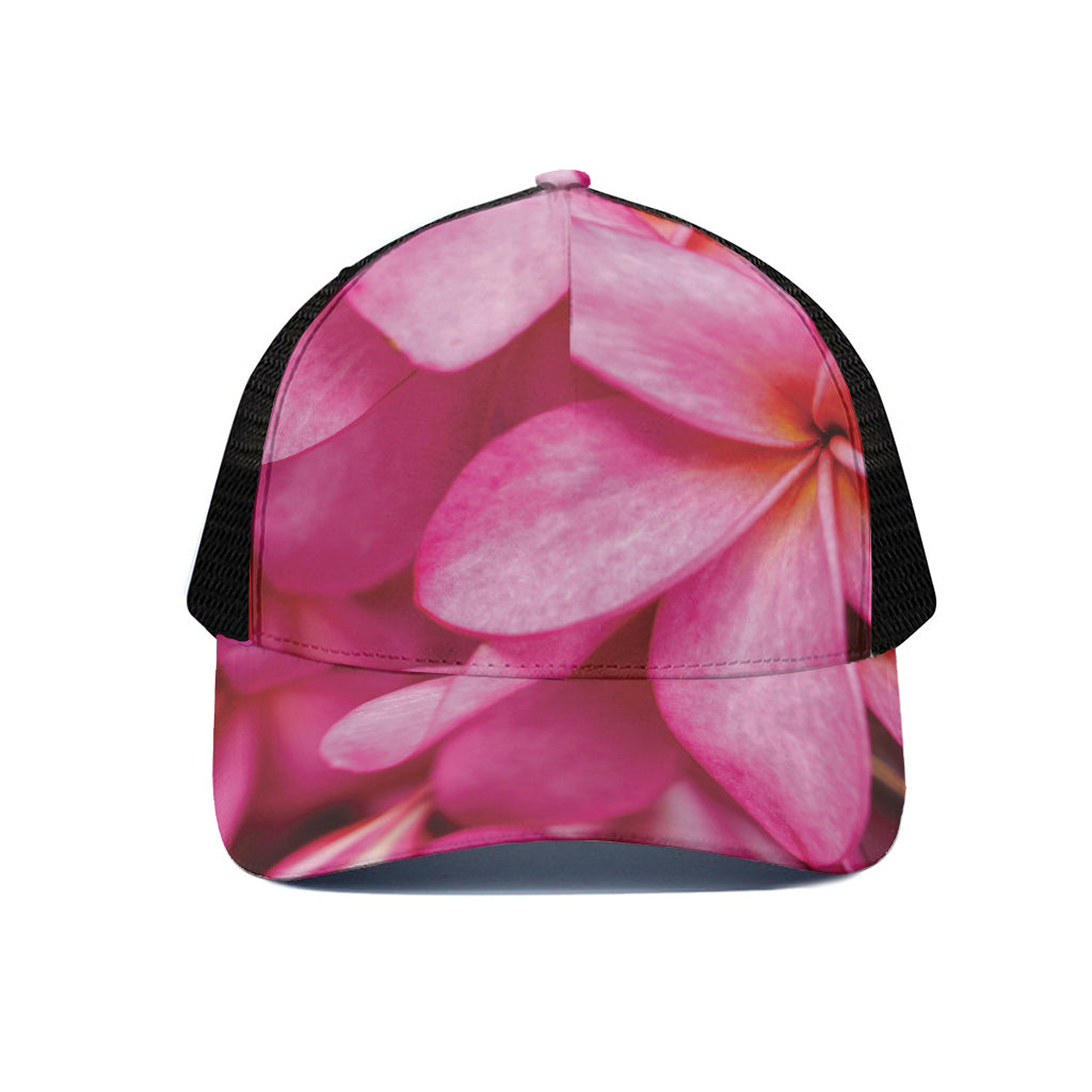 Pink Plumeria Flower Print Black Mesh Trucker Cap