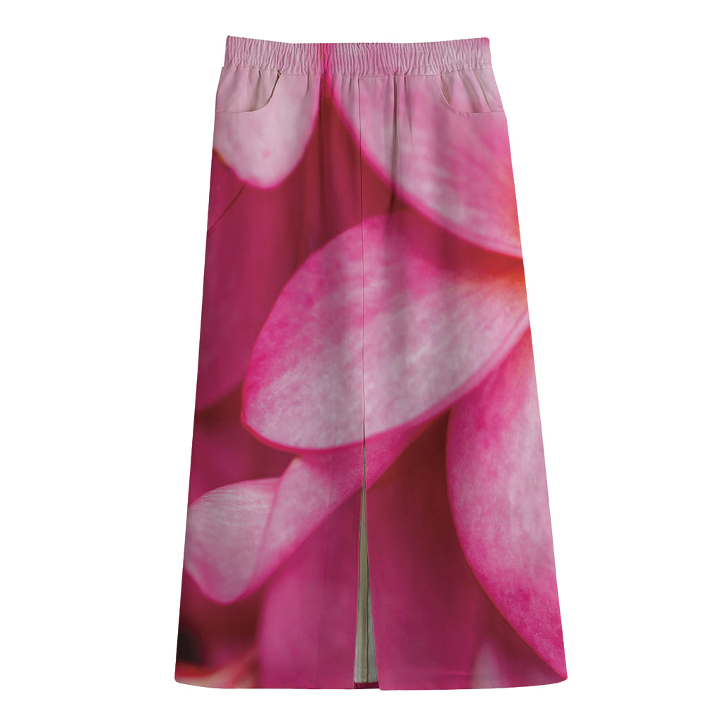 Pink Plumeria Flower Print Cotton Front Slit Maxi Skirt
