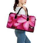 Pink Plumeria Flower Print Leather Duffle Bag