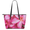 Pink Plumeria Flower Print Leather Tote Bag