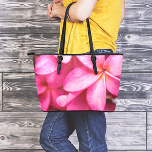 Pink Plumeria Flower Print Leather Tote Bag