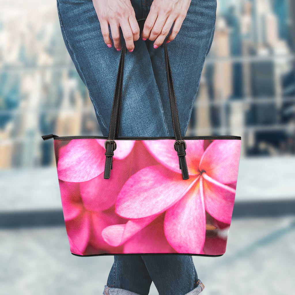 Pink Plumeria Flower Print Leather Tote Bag