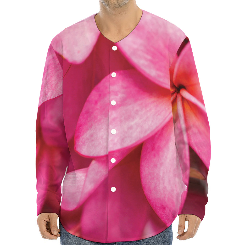 Pink Plumeria Flower Print Long Sleeve Baseball Jersey