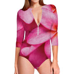 Pink Plumeria Flower Print Long Sleeve Swimsuit