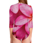 Pink Plumeria Flower Print Long Sleeve Swimsuit