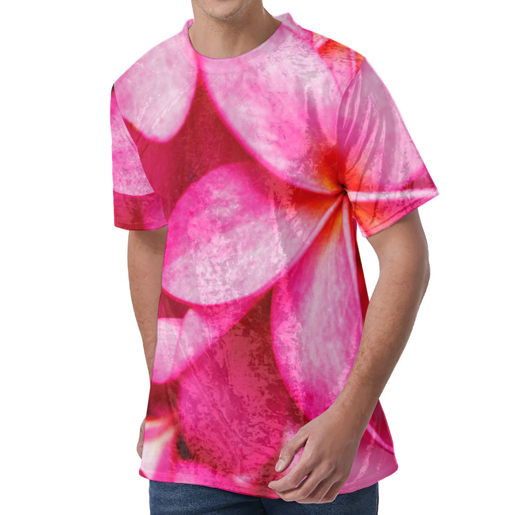 Pink Plumeria Flower Print Men's Velvet T-Shirt