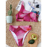 Pink Plumeria Flower Print One Shoulder Bikini Top