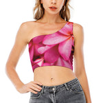 Pink Plumeria Flower Print One Shoulder Crop Top