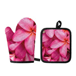 Pink Plumeria Flower Print Oven Mitt And Pot Holder Set