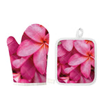 Pink Plumeria Flower Print Oven Mitt And Pot Holder Set