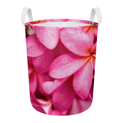 Pink Plumeria Flower Print Round Laundry Basket