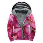 Pink Plumeria Flower Print Sherpa Lined Zip Up Hoodie