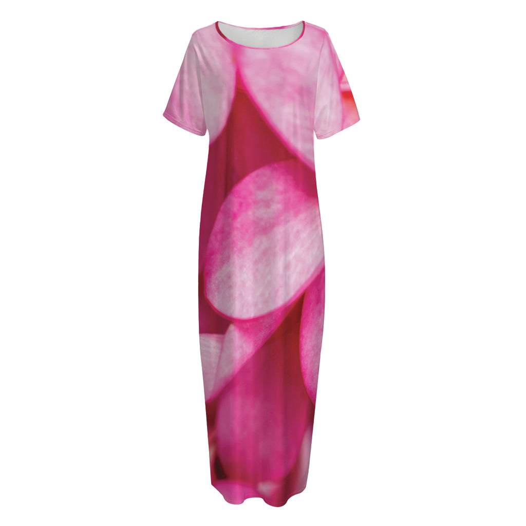 Pink Plumeria Flower Print Short Sleeve Long Nightdress