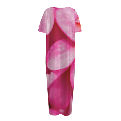 Pink Plumeria Flower Print Short Sleeve Long Nightdress