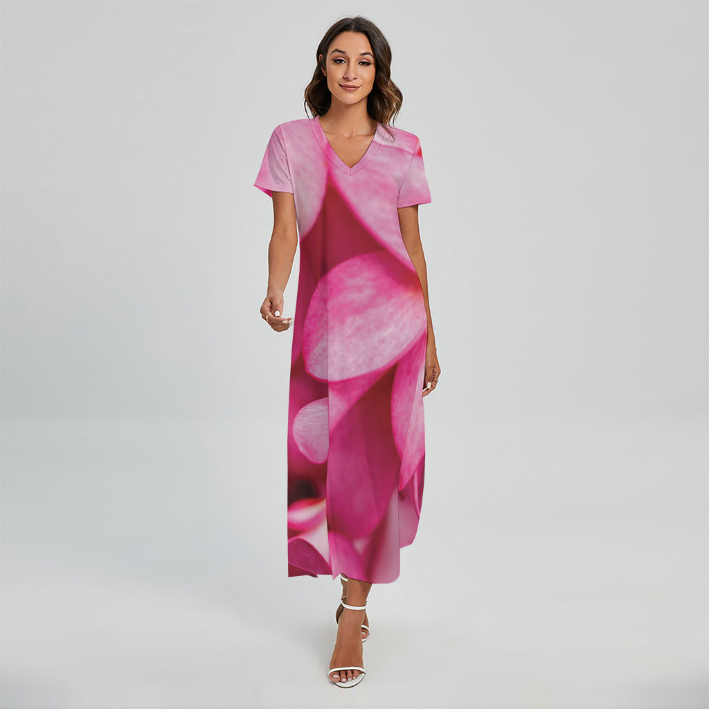 Pink Plumeria Flower Print Short Sleeve Maxi Dress