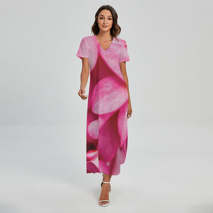 Pink Plumeria Flower Print Short Sleeve Maxi Dress