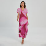 Pink Plumeria Flower Print Short Sleeve Maxi Dress