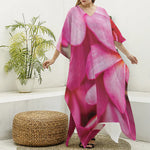Pink Plumeria Flower Print Silk V-Neck Kaftan Dress