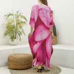 Pink Plumeria Flower Print Silk V-Neck Kaftan Dress
