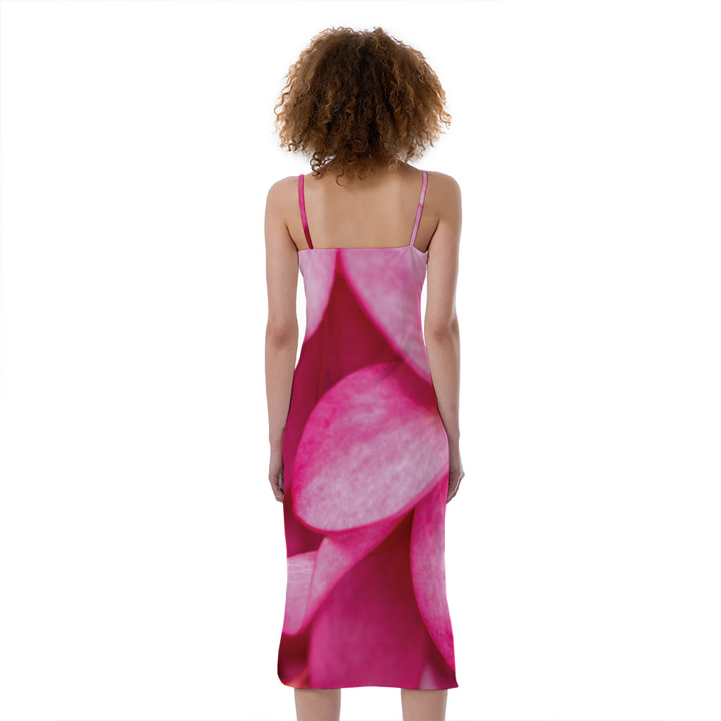 Pink Plumeria Flower Print Slim Fit Midi Cami Dress