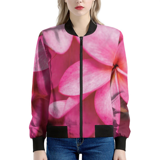 Pink Plumeria Flower Print Women's Bomber Jacket