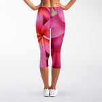 Pink Plumeria Flower Print Women's Capri Leggings