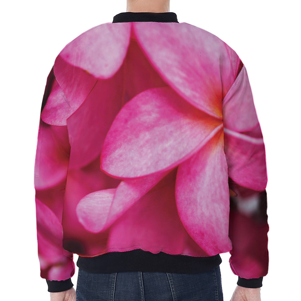 Pink Plumeria Flower Print Zip Sleeve Bomber Jacket