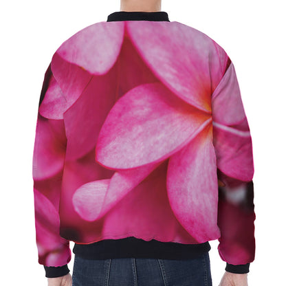 Pink Plumeria Flower Print Zip Sleeve Bomber Jacket