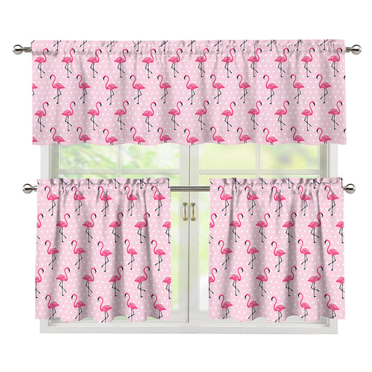 Pink Polka Dot Flamingo Pattern Print 3 Piece Kitchen Curtains