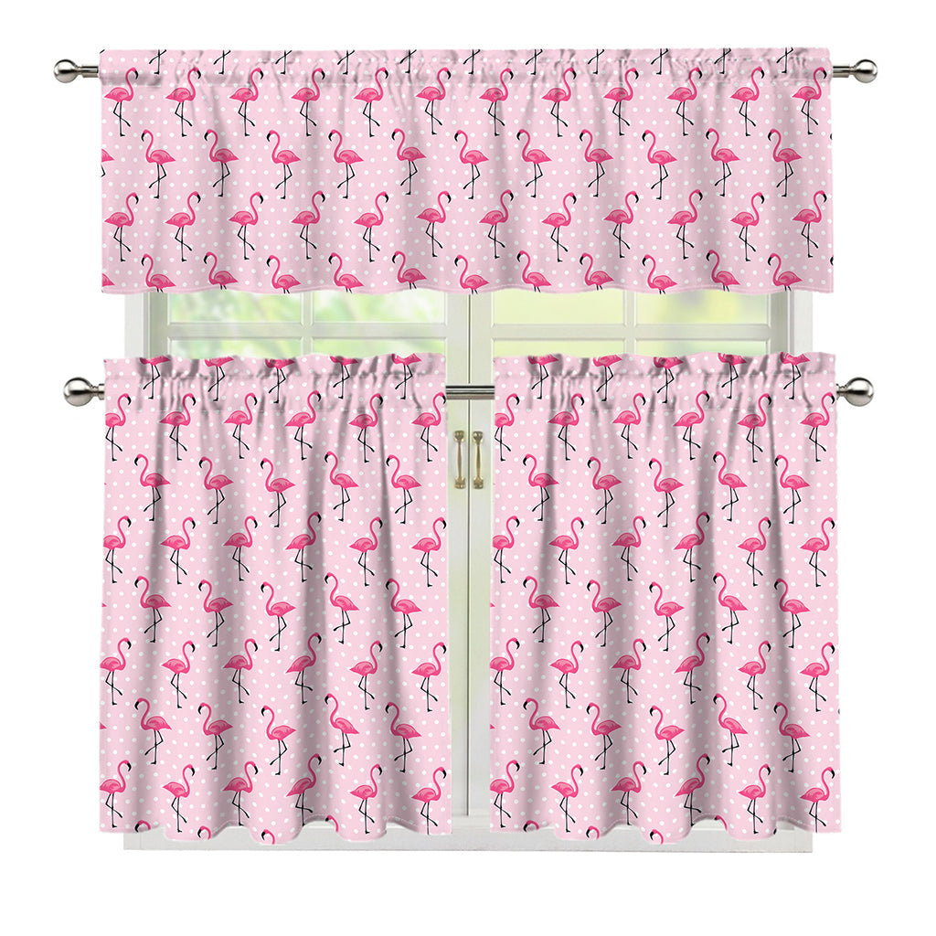 Pink Polka Dot Flamingo Pattern Print 3 Piece Kitchen Curtains