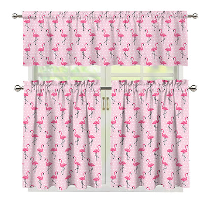 Pink Polka Dot Flamingo Pattern Print 3 Piece Kitchen Curtains