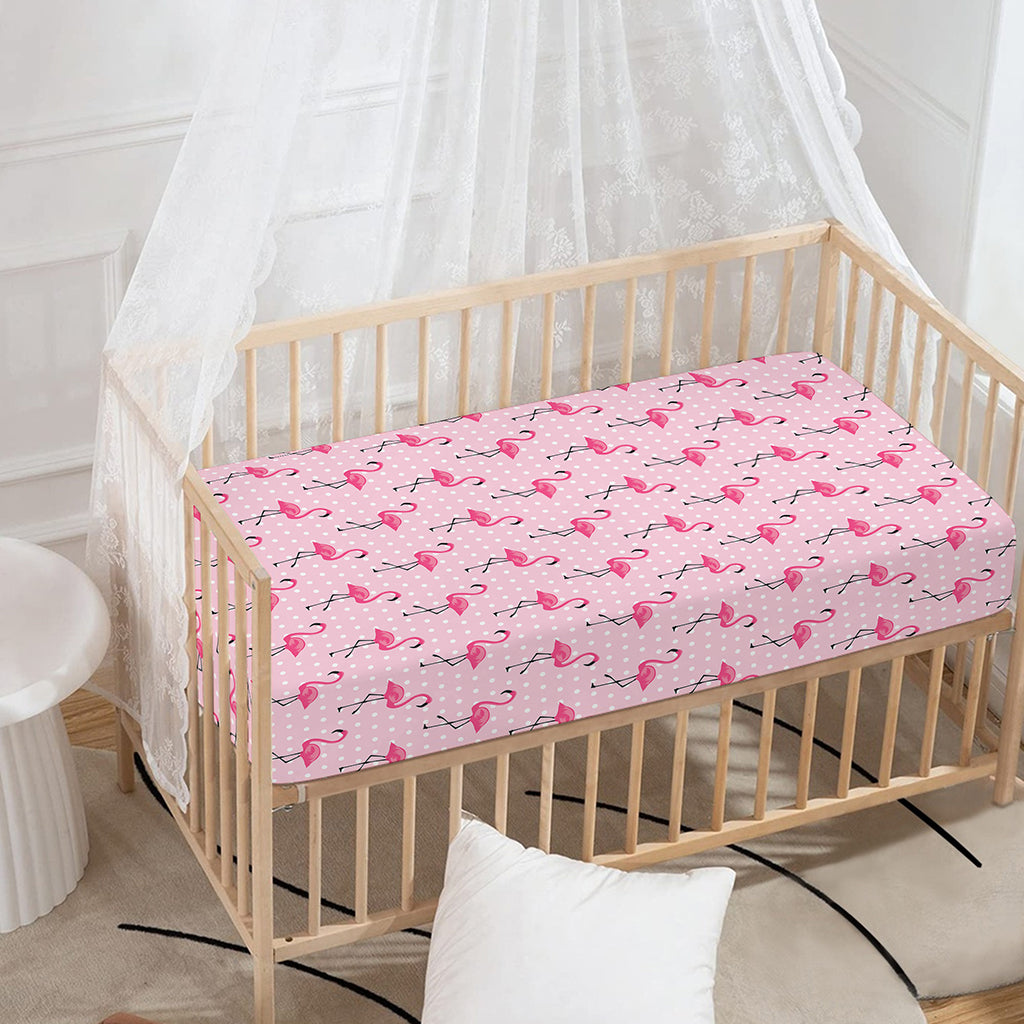Pink Polka Dot Flamingo Pattern Print Baby Crib Sheet