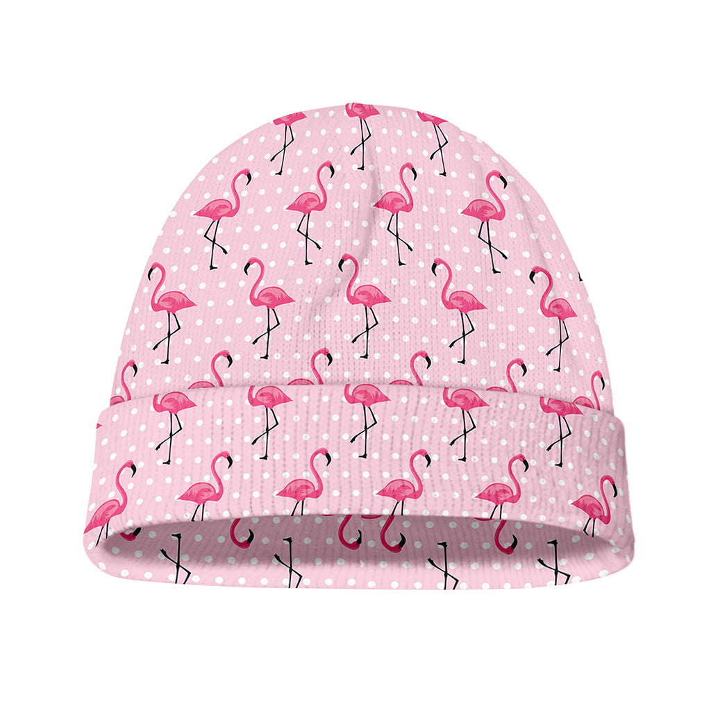 Pink Polka Dot Flamingo Pattern Print Beanie