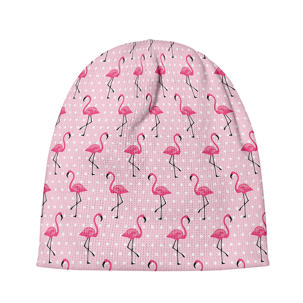 Pink Polka Dot Flamingo Pattern Print Beanie