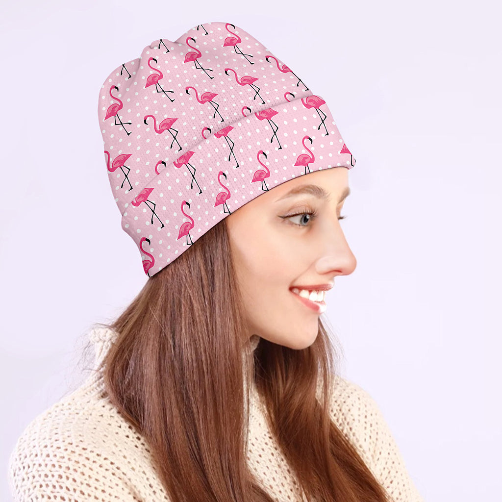 Pink Polka Dot Flamingo Pattern Print Beanie