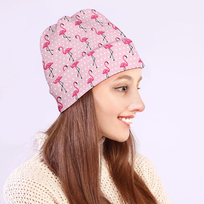 Pink Polka Dot Flamingo Pattern Print Beanie