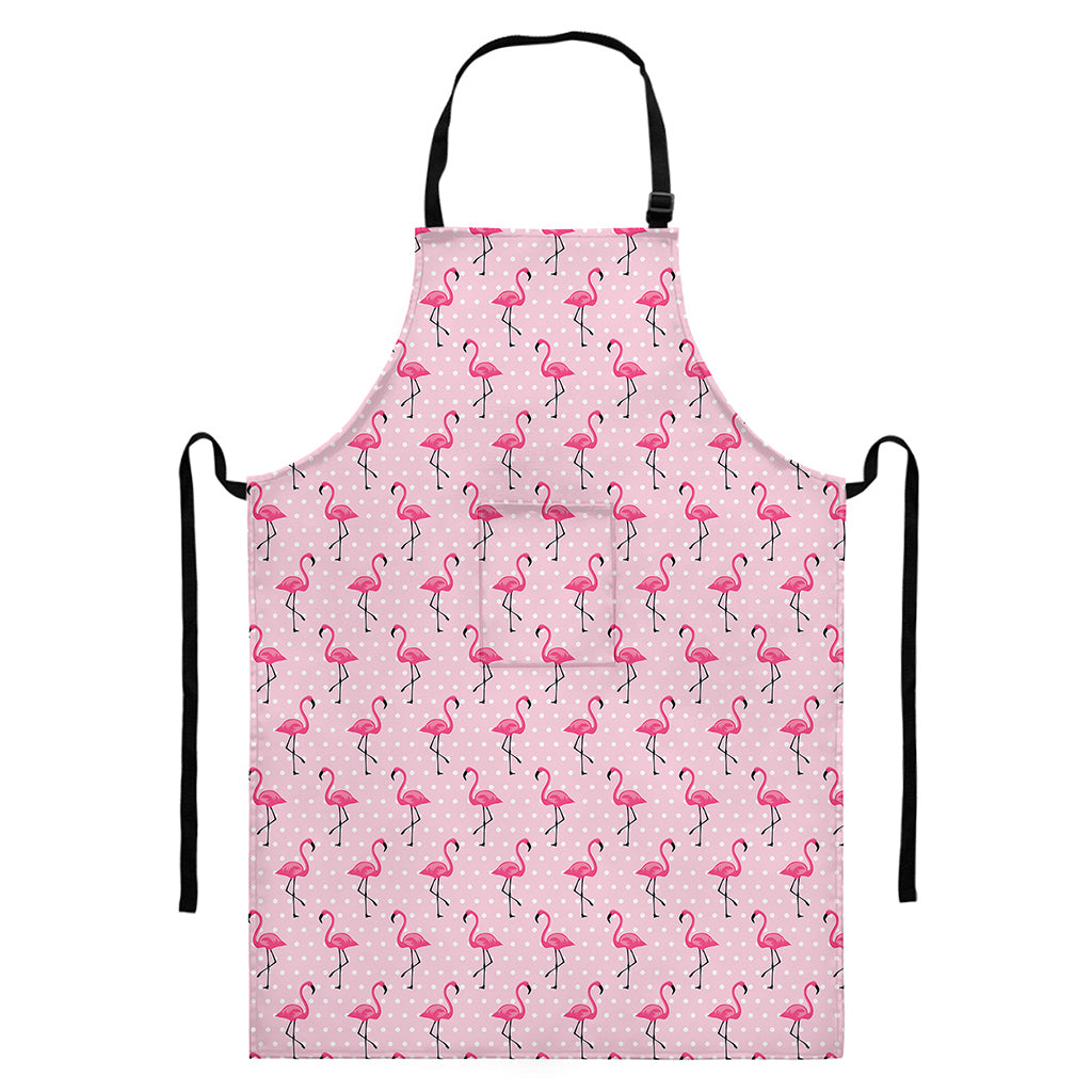 Pink Polka Dot Flamingo Pattern Print Bib Apron With Pocket