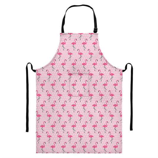 Pink Polka Dot Flamingo Pattern Print Bib Apron With Pocket