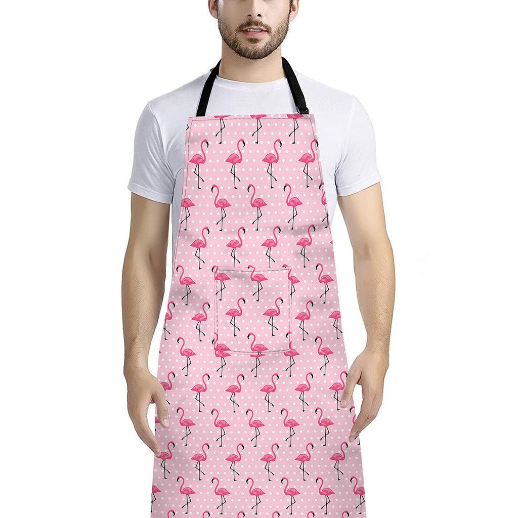 Pink Polka Dot Flamingo Pattern Print Bib Apron With Pocket