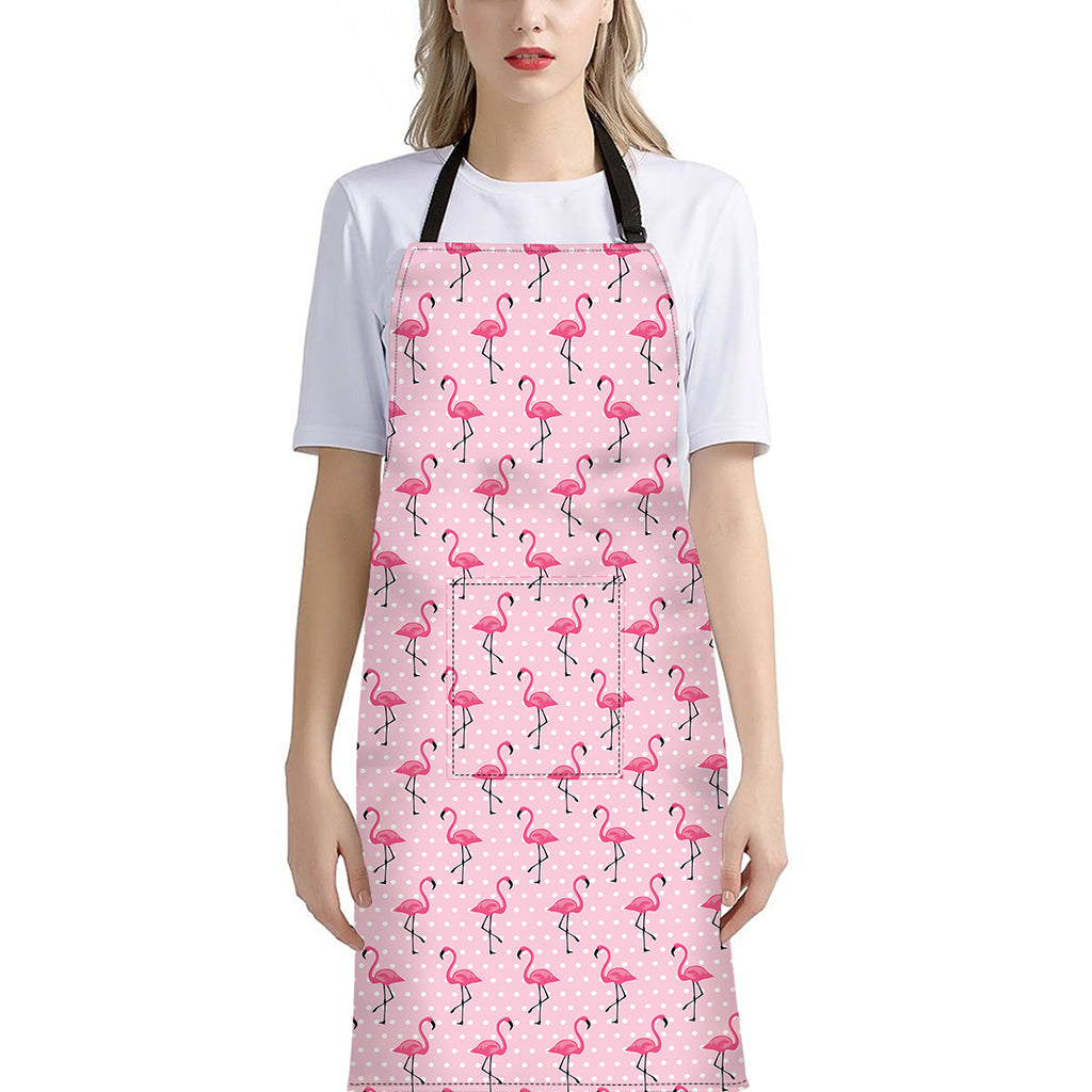 Pink Polka Dot Flamingo Pattern Print Bib Apron With Pocket
