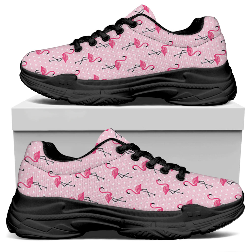 Pink Polka Dot Flamingo Pattern Print Black Chunky Shoes
