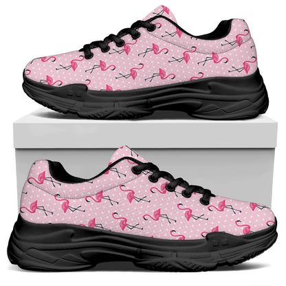 Pink Polka Dot Flamingo Pattern Print Black Chunky Shoes