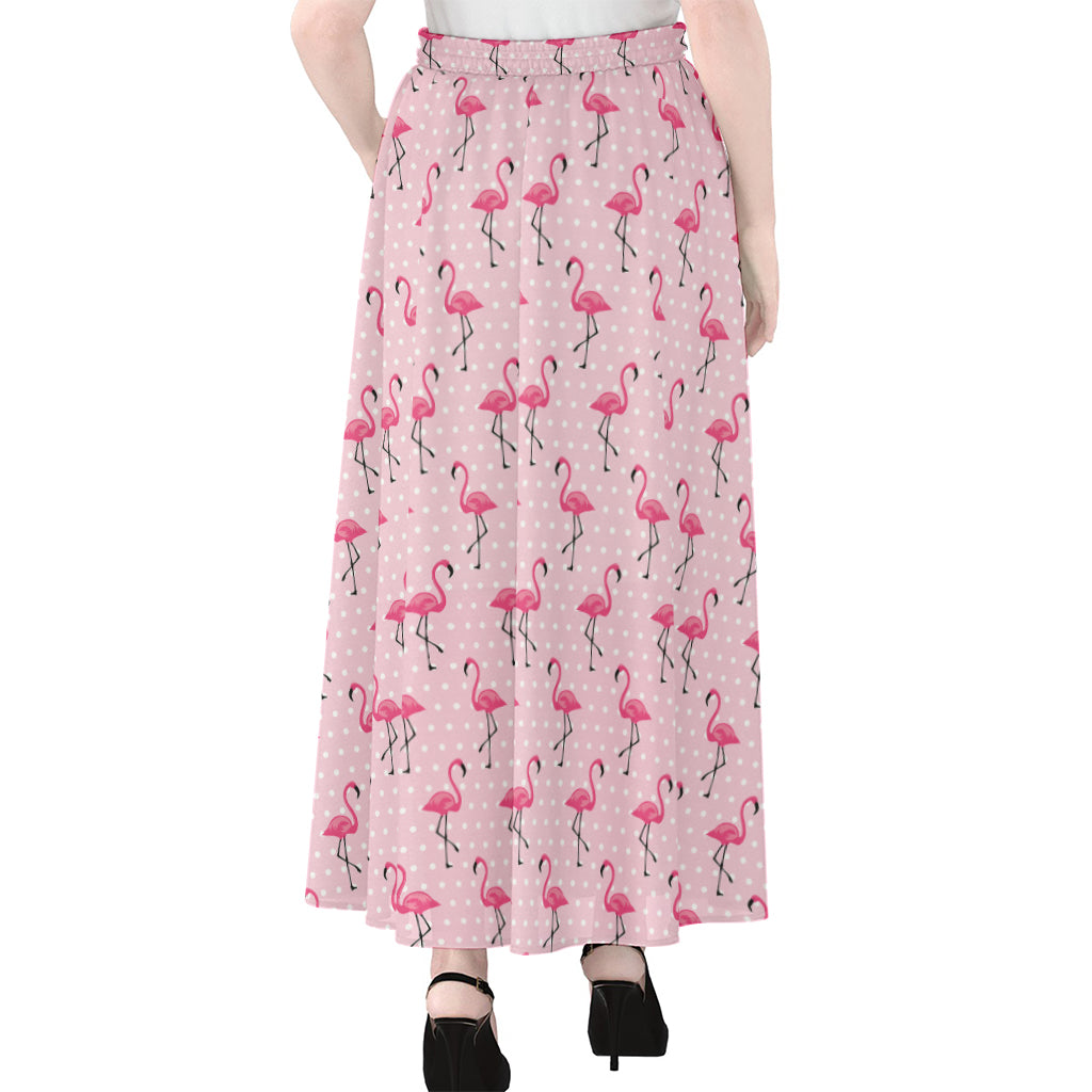 Pink Polka Dot Flamingo Pattern Print Chiffon Maxi Skirt