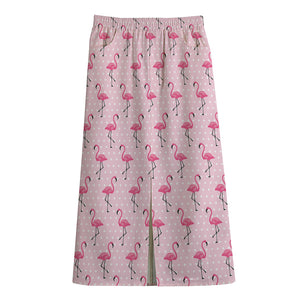 Pink Polka Dot Flamingo Pattern Print Cotton Front Slit Maxi Skirt